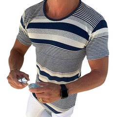 Men's Spring And Summer Casual Horizontal Stripe Knit Short Sleeve T-Shirt MTA1978C7K