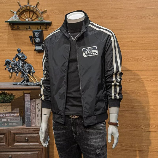 Stylish Men's Bomber Jacket with Striped Sleeves and Patch Design for Casual Wear