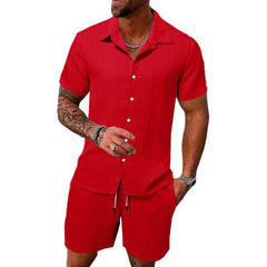 Men's Solid Color Striped Lapel Short Sleeve Shorts Casual Set 63428764X