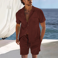 Men's Solid Color Short Sleeve Shorts Holiday Two-piece Set MTA0744D7X
