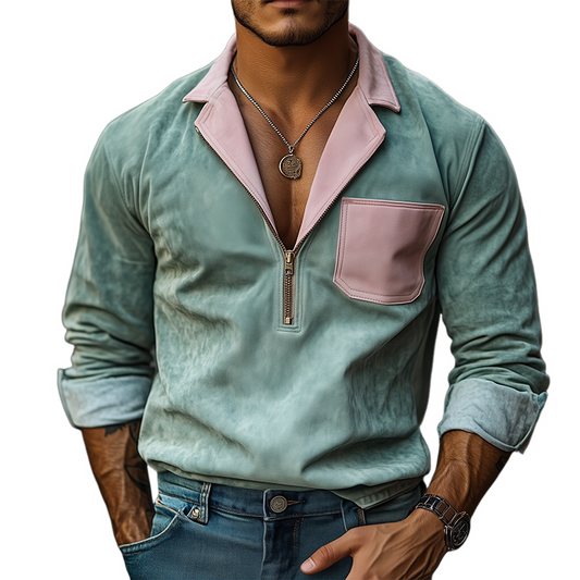 Men's Spring Fashion Casual Contrast Color Stitching Lapel Zipper Suede Long Sleeve Shirt MTA0363D9K