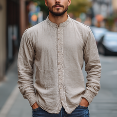 Men's Spring New Retro Ethnic Lace Stitching Stand Collar Long Sleeve Shirt MTA2115C8K