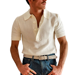Men's Knit Hollow Lapel Lapel Short Sleeve Polo Shirt MTA0113D5Z
