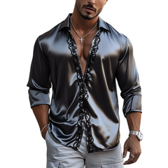 Men's Fashion Casual Lace And Satin Stitching Long Sleeve Shirt MTA1747C6K