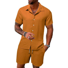 Men's Solid Color Striped Lapel Short Sleeve Shorts Casual Set 63428764X
