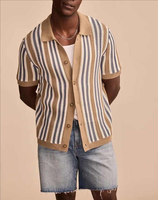 Striped Short-Sleeve Knit Cardigan For Men