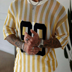 Men's Striped Monogram Jacquard Short-Sleeved Knitted T-Shirt MTA2807C5X