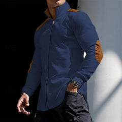 Men's Color Block Waffle Zipper Stand Collar Long Sleeve Shirt 68983896Y