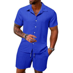 Men's Solid Color Striped Lapel Short Sleeve Shorts Casual Set 63428764X