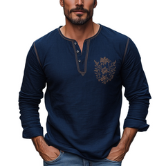 Men's Navy Blue Cotton And Linen Embroidered Henley Collar Long Sleeve T-Shirt 10707618U