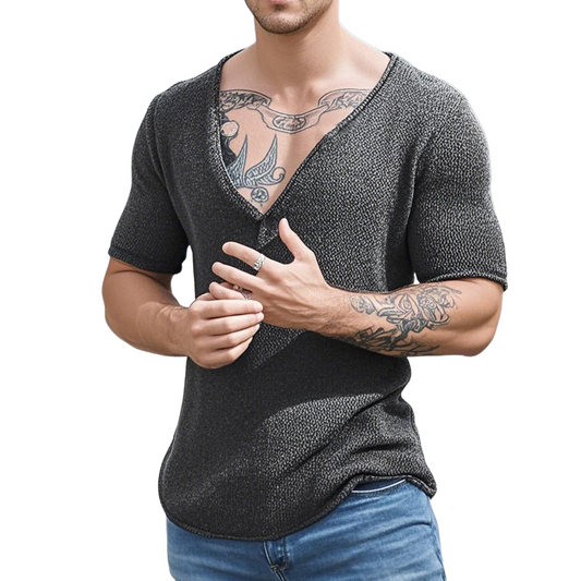 Men's Casual Solid Color V-Neck Slim Short Sleeve Knitted Sweater T-Shirt MTA3138C7M