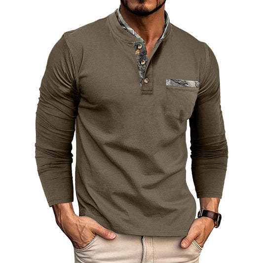 Men's Casual Henley Shirt with Camouflage Accents - Perfect for Everyday Wear