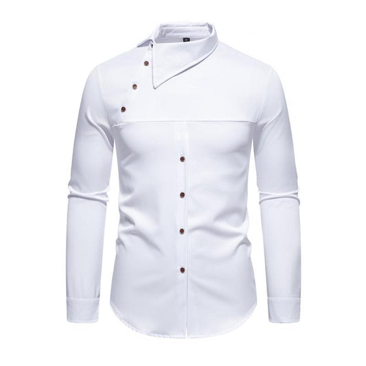 Men's Casual Lapel Slanted Placket Asymmetric Slim Fit Long Sleeve Shirt 50452395M