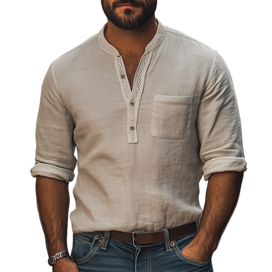 Men's Spring New Retro Ethnic Lace Stitching Deep V-neck Long-sleeved Shirt MTA2178C0K