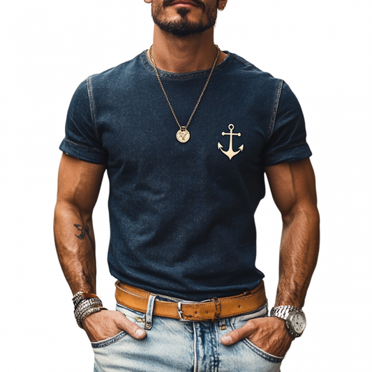 Men's Retro Denim Washed Anchor Print Round Neck Slim Fit Short Sleeve T-Shirt 64614766M