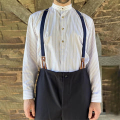 White Collarless Long-Sleeve Shirt for Men - Vintage Stripe Pattern, Casual Daily Tops