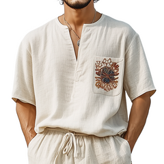 Men's Spring And Summer Casual V-neck Cotton And Linen Embroidered Short-sleeved T-shirt MTA2017C1K