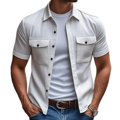 Men's Casual Comfort Cotton Lapel Chest Pocket Loose Short Sleeve Shirt MTA2738C2M