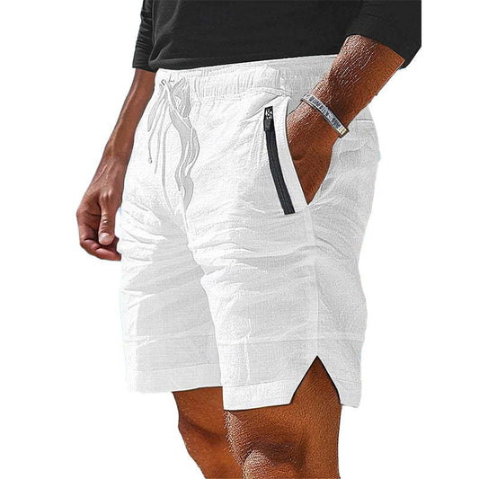 Men's Vacation Cotton And Linen Solid Color Beach Shorts MUA1440C9X