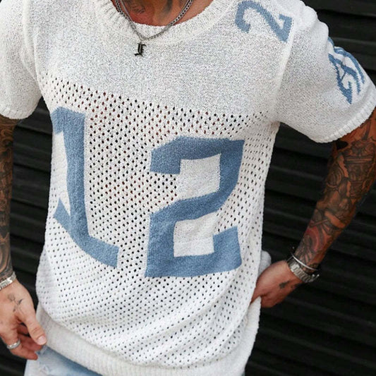 Men's Sport Lettering Jacquard Crew Neck Short Sleeve Sweater T-Shirt MTA1856C1X