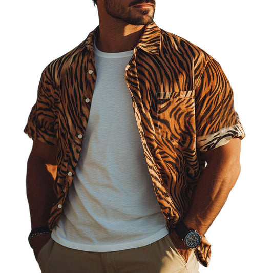 Men's Summer Retro Tiger Print Casual Short Sleeve Shirt MTA0168D2U