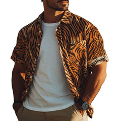 Men's Summer Retro Tiger Print Casual Short Sleeve Shirt MTA0168D2U