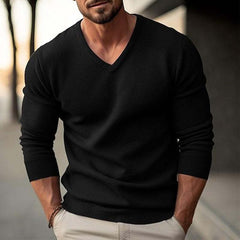 Men's Solid Color V-neck Long-sleeved Knitted Pullover Sweater 59954732X