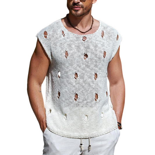 Men's Solid Color Ripped Crew Neck Knit Tank Tops MTA2813C9X