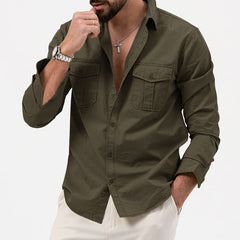 Men's Casual Button-Up Shirt With Chest Pockets - Perfect For Spring And Summer