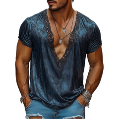 Men's Fashion Retro Sexy Lace Stitching Satin Printed Deep V Neck T-Shirt MTA2451C8K