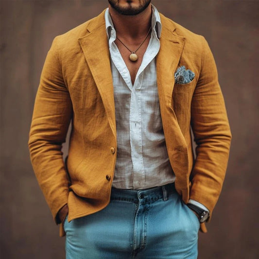 Men's Casual Linen Blended Notched Lapel Single Breasted Slim Fit Blazer MTA3164C8M