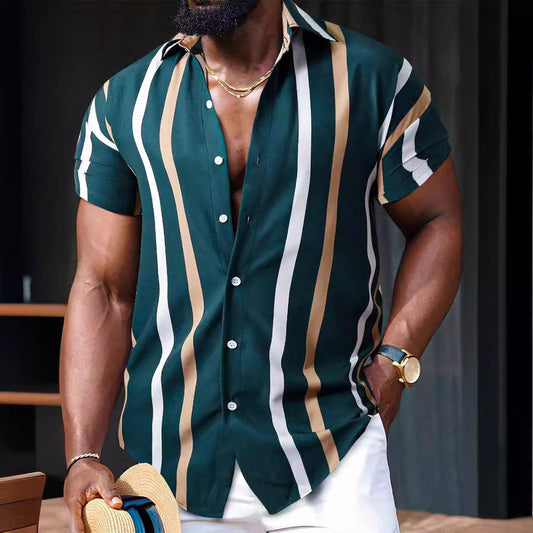 Men's Casual Striped Printed Lapel Short Sleeve Shirt 20632093Y