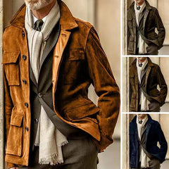 Men's Vintage Lapel Multi Pocket Solid Suede Jacket 84262271X