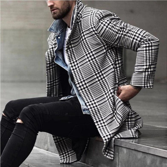 Men's Retro Classic Casual Double Breasted Knee-Length Houndstooth Coat 00944809K