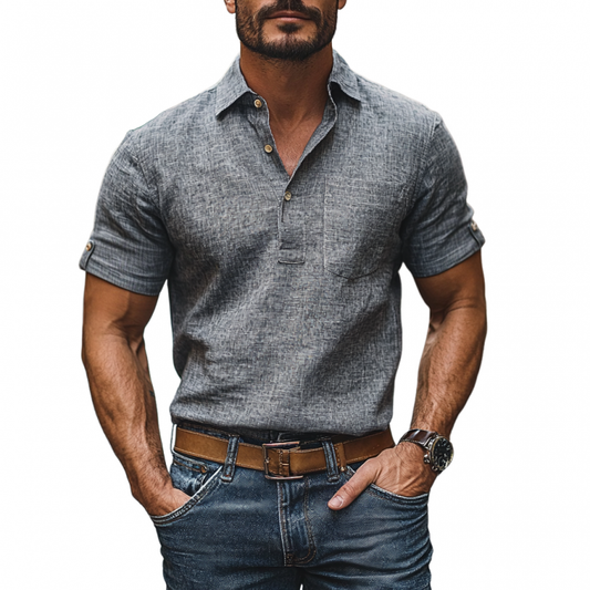 Men's Casual Linen Lapel Patch Pocket Pullover Short Sleeve Shirt MTA2136C0M