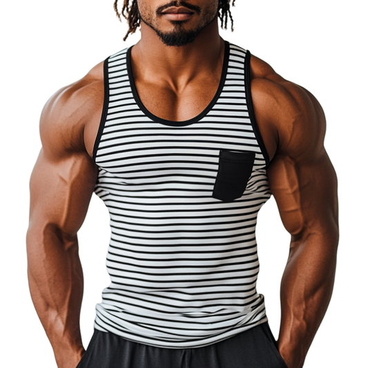 Men's Casual Striped Stitching U-Neck Patch Pocket Slim Fit Tank Top MTA1882C2M