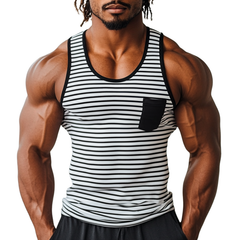 Men's Casual Striped Stitching U-Neck Patch Pocket Slim Fit Tank Top MTA1882C2M