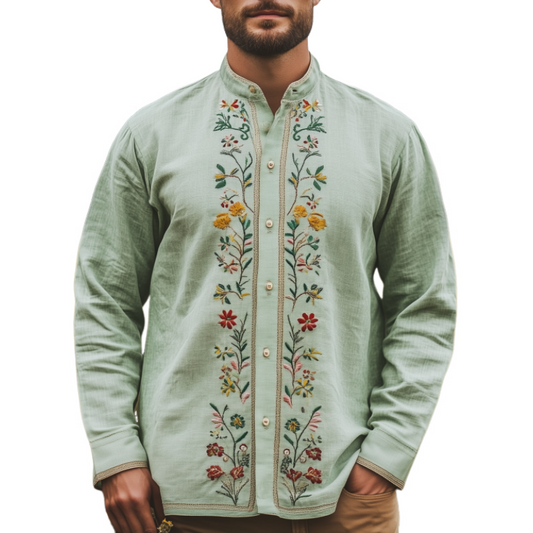 Men's Spring And Summer Fashion Retro Casual Stand-up Collar Embroidered Long-sleeved Shirt MTA2884C8K