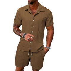 Men's Solid Color Striped Lapel Short Sleeve Shorts Casual Set 63428764X