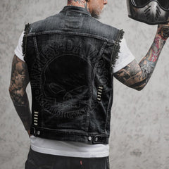 Distressed Denim Vest with Embroidered Skull Design for Biker Style