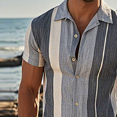 Men's Retro Casual Linen Striped Colorblock Printed Lapel Short Sleeve Shirt MTA2777C7TO