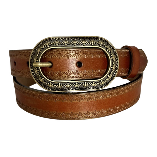 Men's Vintage Distressed Engraved Embossed Genuine Leather Belt 44748904U