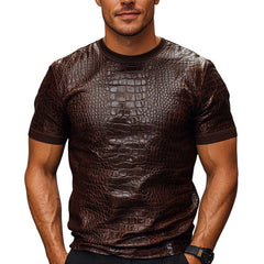 Men's Brown Crocodile Textured PU Leather Short Sleeve T-Shirt MTA2232C1U