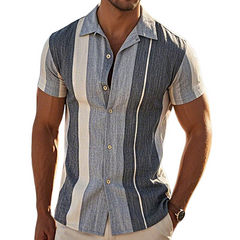 Men's Retro Casual Linen Striped Colorblock Printed Lapel Short Sleeve Shirt MTA2777C7TO