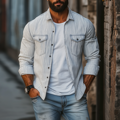 Men's Casual Comfort Cotton Linen Striped Lapel Chest Pocket Loose Long Sleeve Shirt MTA2792C0M