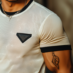 Men's Retro Casual Mesh Fabric Color Block Round Neck Short Sleeve T-Shirt MTA2561C9TO