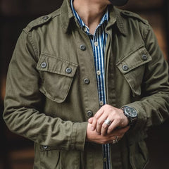 Men's Olive Green Military-Style Jacket with Striped Shirt Combo