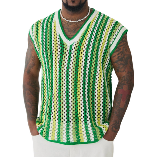 Men's Summer Fashion Leisure Vacation V-neck Hollow Knitted Tank Top MTA1089D9K