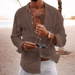 Solid Color Lapel Shirt for Men - Casual Style, Long-Sleeve Cotton-Linen Blend