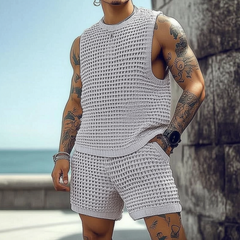 Men's Casual Round Neck Loose Tank Top Elastic Waist Shorts Knitted Set MTA2255C5M